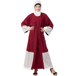 Double layered abaya with embroidered fabric- Maroon-White